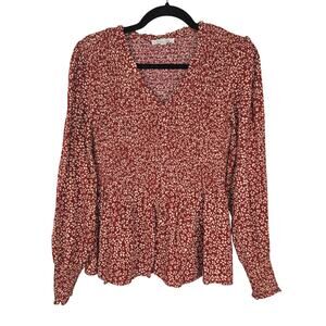 THML Blouse Womens Small Red Floral Smocked V Neck Long Sleeve Boho Top